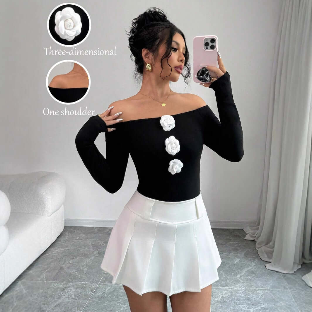 3D Floral Off-the-shoulder Off-neck Slim-fit Long-sleeved T-shirt - CozyPath by Pathmol