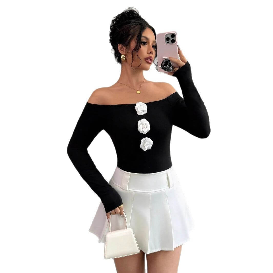 3D Floral Off-the-shoulder Off-neck Slim-fit Long-sleeved T-shirt - CozyPath by Pathmol