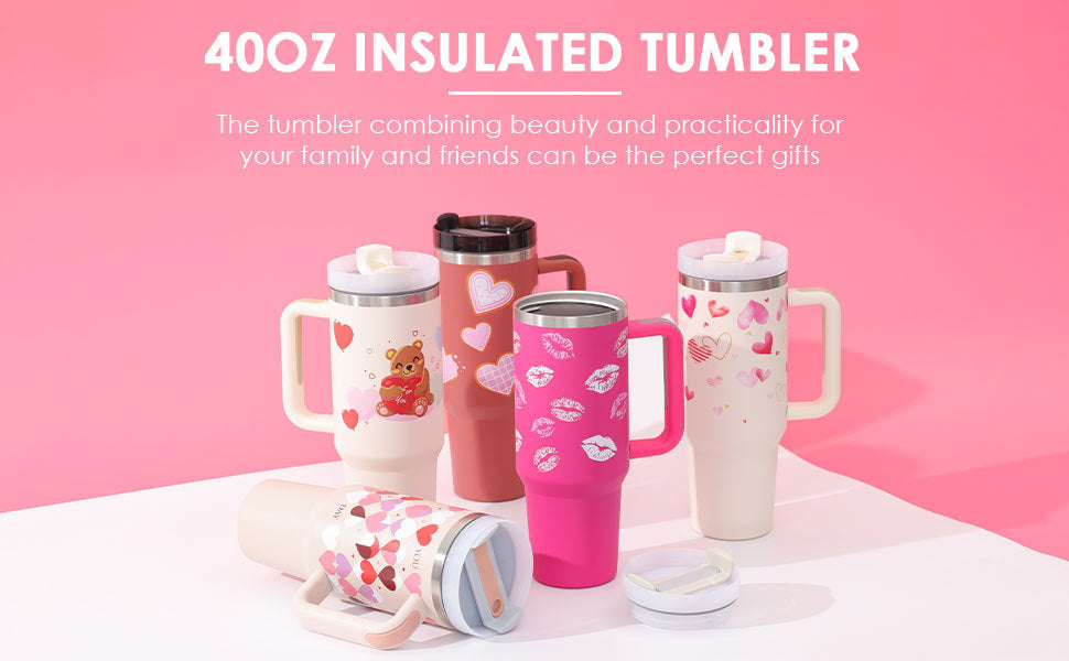 40 Oz Tumbler With Handle Straw Insulated, Stainless Steel Spill Proof Vacuum Coffee Cup Tumbler With Lid Tapered Mug Gifts For Valentine Lover Suitable For Car Gym Office Travel - CozyPath by Pathmol