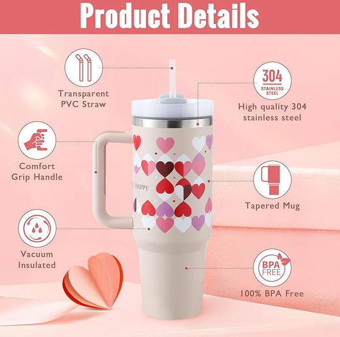 40 Oz Tumbler With Handle Straw Insulated, Stainless Steel Spill Proof Vacuum Coffee Cup Tumbler With Lid Tapered Mug Gifts For Valentine Lover Suitable For Car Gym Office Travel - CozyPath by Pathmol