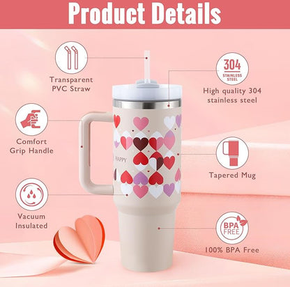 40 Oz Tumbler With Handle Straw Insulated, Stainless Steel Spill Proof Vacuum Coffee Cup Tumbler With Lid Tapered Mug Gifts For Valentine Lover Suitable For Car Gym Office Travel - CozyPath by Pathmol